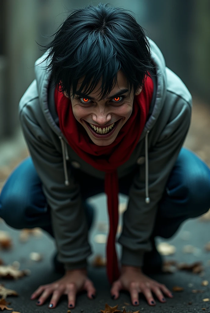 male, gray hoodie, red scarf, , blue jeans, crouching down while point, sharp teeth smile, black hair, orange eyes