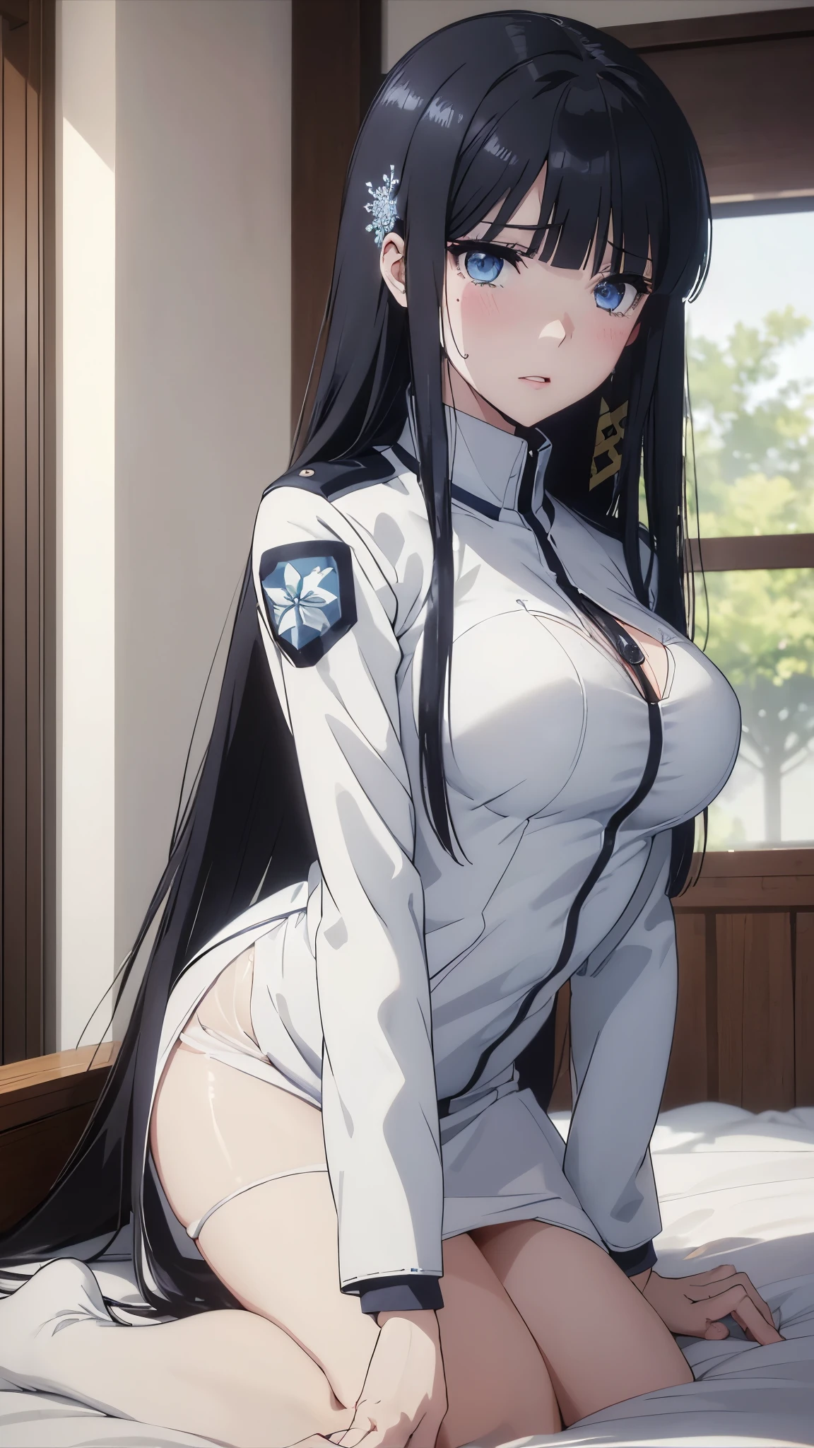 1 personの, alone, masterpiece, Highest quality, The Irregular at Magic High School, Miyuki Shiba, Shiba Miyuki, Iris, blue eyes, tsurime, eyelash, Black Hair, Long Hair, Hime cut, Straight hair, Blunt bangs, blunt end, Side Lock, hair ornaments, snowflake hair ornaments,High School Uniform, dress, white dress, collared dress, Jacket, green Jacket, cropped Jacket, open Jacket, Long sleeve, Large Breasts, (masterpiece: 1.3), (Maximum resolution: 1.2), (Ultra High Definition TV: 1.2), Cinematic Light, 8k resolution, Detailed facial features , (Sharp focus: 1.2), (Focus on the face:1.2),Perfect Style, Beautiful Face, Acura, Anatomically correct, Highly detailed face and skin texture, Beautiful Eyes,Beautiful Eyes, Thin eyebrows, Natural Cheeks, Glowing Skin, Fair skin: 1.2, (Glossy Lips: 1.4),、 (Embarrassed look: 1.2),Highly detailed face and skin texture, Natural Cheeks, , Glossy Lips: 1.4,Perfect Style、Cleavage、Soft Breasts、(Semen on chest:1.6)(Cum on thighs 1.5)、 Sperm on tongue、Drenched in sweat、Wet clothes、blush、A humiliating look、Anxious expression、Frightened expression、Embarrassed look、Glare、anger、sorrow、tears、(Open your knees:1.5)、(Spread your legs:1.5)、 White underwear、Disheveled clothes、sweating、Thin underwear、18-year-old、 clear, A clean-cut woman,1 person、 Upward-facing chest, Black Hair、blue eyes、Beautiful Eyes、Torn clothing、(masturbation behavior:2.0)、At the bed、(On your back、At the bedLying down、Lying down、White sheets:1.7)、avert your eyes、Straight Long Hair