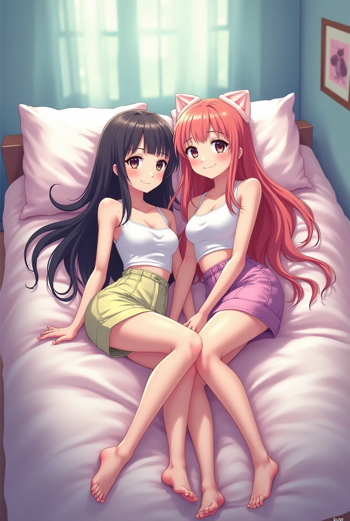 3 girls long hair and big breasts sits with her legs stretched out, tight pajamas showing off thier curve,anime art