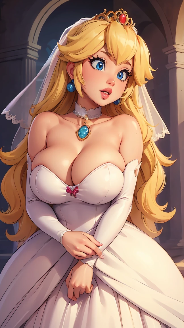 ((masterpiece)), ((best quality)), (detailed), perfect, solo, peach, gorgeous woman with wedding dress, bridal veil on the head, luscious lips, long hair, huge breast, deep cleavage, huge breasts, sexy,