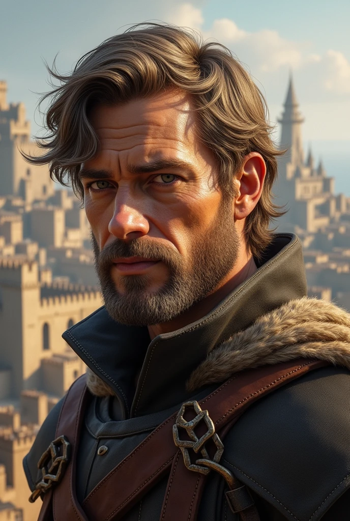 Create a realistic image of a medieval gentleman with light brown hair, short beard, sloppy clothes typical of Essos. Ao fundo, put the city of Kings Landing