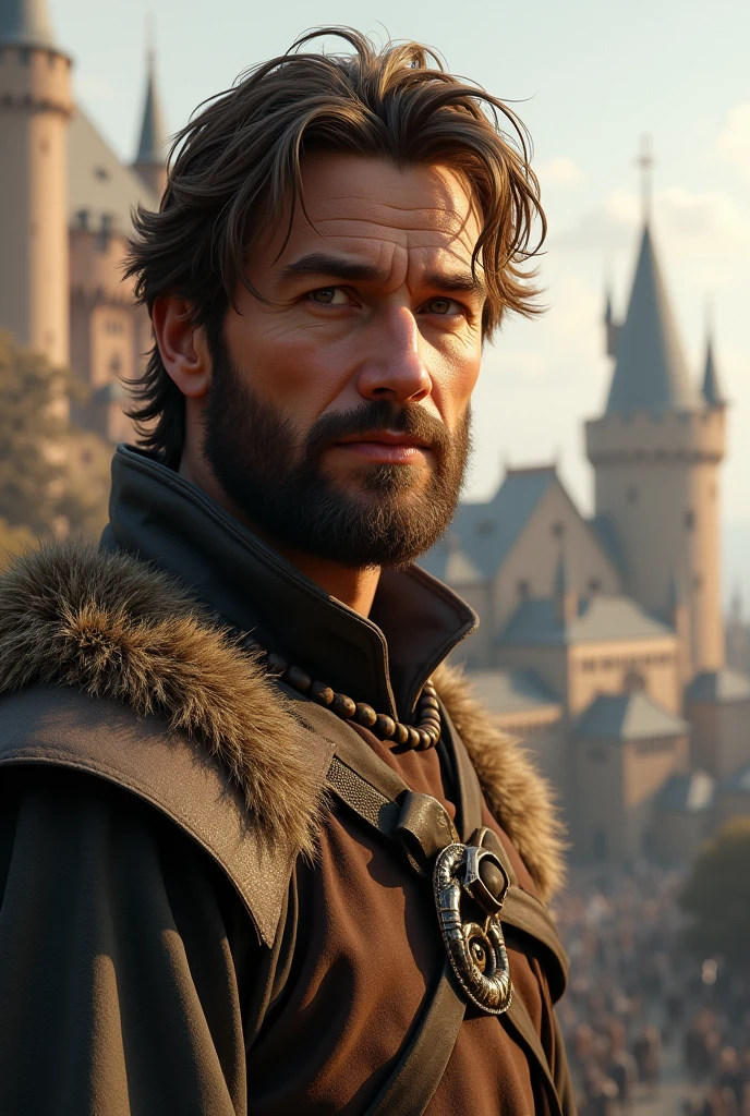 Create a realistic image of a medieval gentleman with light brown hair, short beard, sloppy clothes typical of Essos. Ao fundo, put the city of Kings Landing