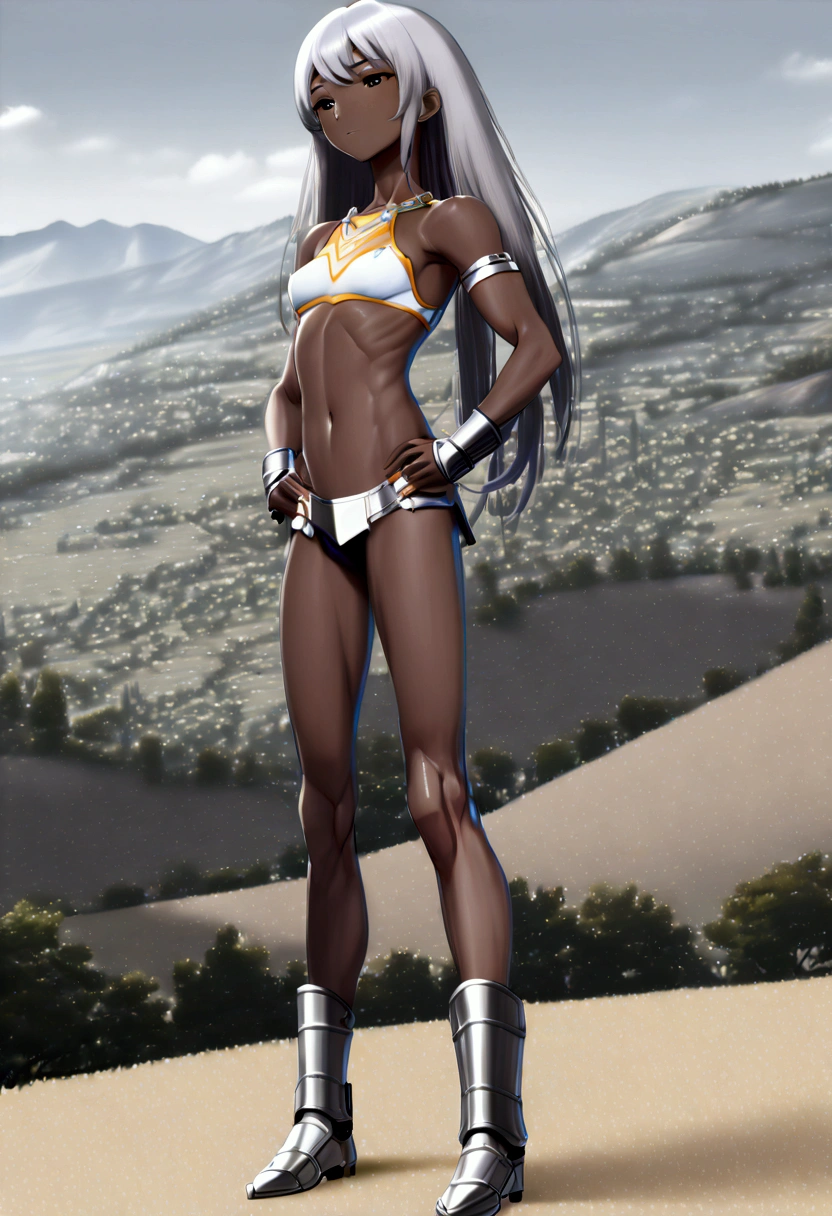 (8k, Manga style, Second Dimension, Highest quality, (from below:2), View your viewers: 1.3), (Fox's, Fox's耳, Silver Hair, one person's, Long Hair, (Alone on the screen, dark skin), High definition:1.6), (Bikini Armor:1.8), (Body measurements are 75-60-75!, Height: 145cm, Body Type, Small breasts, slender, muscle, (Stand with your legs apart, I can see the valley, bent over):1.9),(美しいface, Delicate drawing, It is written down in detail), Avatar, face, 色っぽいface, Dominant representation, naughty face, Uplifting, Skin Texture, outside, ruins, Ruined City, Broken Building