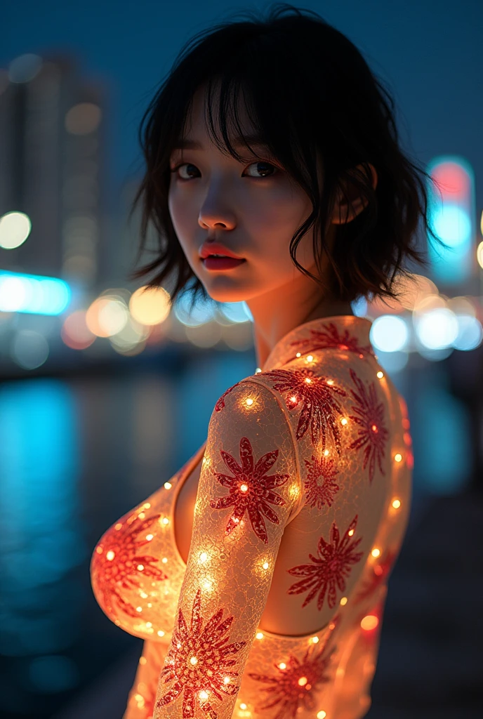 (masterpiece, Highest quality), 8k,(((Very detailed))), Race:1.8, Super intricate Race pattern, colorful Race pattern, Purple and blue stained glass transparent body, Mandala,light up, 1 female, Open Back, 18 years old、Japanese, beautiful girl, Intelligent face, Photo of Lee Jae, sultry body with セクシー belly, Sexy girl, Young sensual elegance, Sexy body, delicious, Sexy look, Very Short Hair、Night viewのきれいな港で撮影、Night view、 Intelligent face、Narrow waist、Large Breasts、Open your mouth a little、Smile a little、EOS 50mm F2, Blur the background、Lighting the face、Beautiful breasts、See-through underwear、Gravure photo poses、Curvy Body、Beautiful ass、Looking to the side、From the back、whole body、