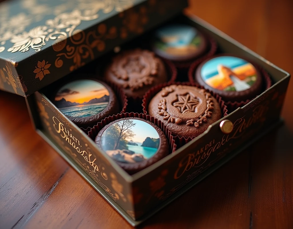 Professional extreme close-up photo, view from above, ornate open luxurious box filled with delicious chocolate cookies, each cookie has unique image of beautiful fantasy scenery, the side of the box has elegant text "Made with Love in the Oven of SeaArt Infinity".