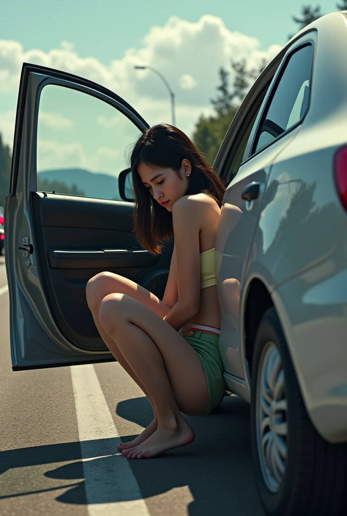 A teenage girl is urinating (urgently) at side of the freeway) ( sitting on car with the open car door to hide herself. (She made her parents pull over the car in from of traffic for pit stop) couldn’t hold it any longer