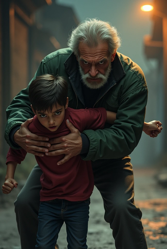 in the form of a drawing I want an image, with a skater being held by the shirt from the front by an old hater in an aggressive way, and the young skater looking scared