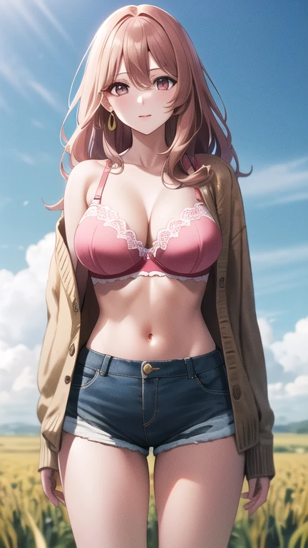 masterpiece, best quality, highres, aamiyako, long hair, jewelry, earrings, pink bra, cardigan, short shorts, outdoors, field,