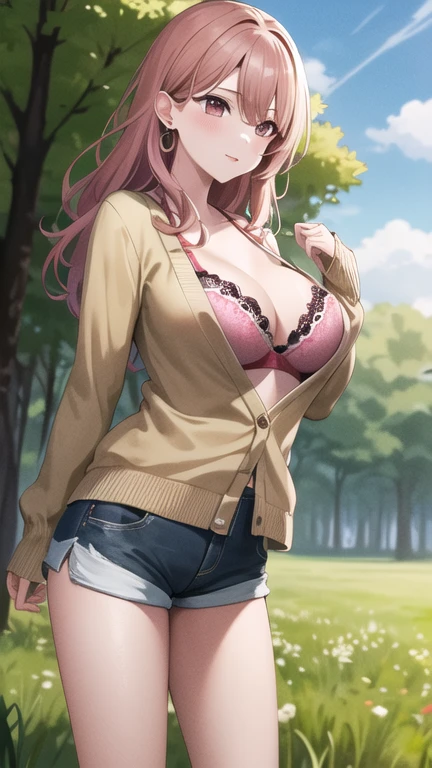 masterpiece, best quality, highres, aamiyako, long hair, jewelry, earrings, pink bra, cardigan, short shorts, outdoors, field,