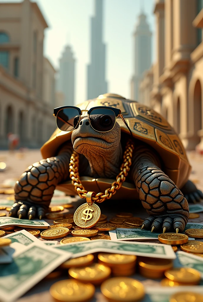 A tortoise surrounded by money in Dubai with a gold chain and money pendant wearing Chanel sunglasses.