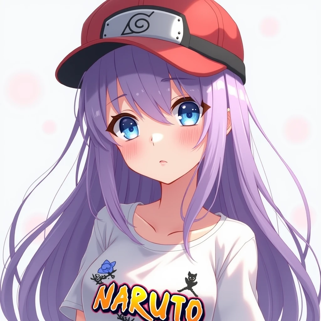 Female character, anime styling, cabelo roxo, long hair, pretty, skin fair, blue colored eyes, Pokémon hat, with naruto shippuden anime t-shirt