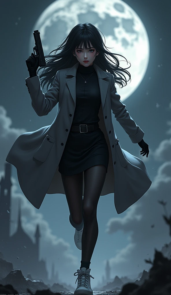 The one young woman, long black hairs, yuri, Vampire Hunters.

The young woman black eyes wear a grey long coat, black shirt, black pencil skirt, black underpants, black tights, black gloves, white sneakers high top.

holding a one pistol handgun, running, black grey sky, fantastic night sky, moon, cartoon anime, 4K, HD