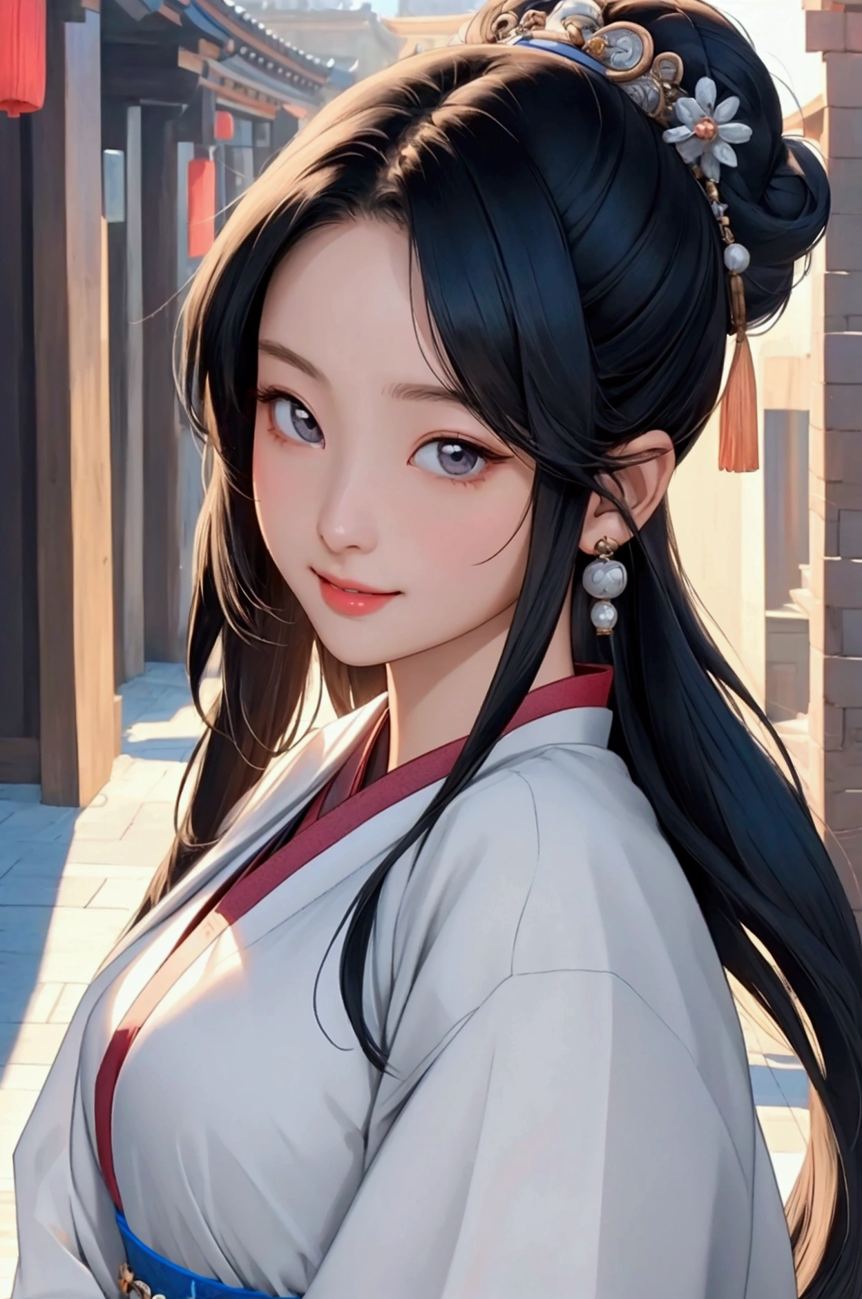 ( High resolution、 Super detailed)、masterpiece、Highest quality、High resolution、8k、Realistic Face、Realistic skin texture、 Amazing clarity、Detailed Anime、15-year-old female、Beautiful Face、Beautiful Face、Pretty lips、Balanced style、Hair styled in a bright-colored round bun、Smiling eyes、Hanfu、Mischievous girl、Walking、Buildings from the Tang Dynasty、Old city streets of China、Cowboy Shot、Detailed Animeアート、Detailed CG、