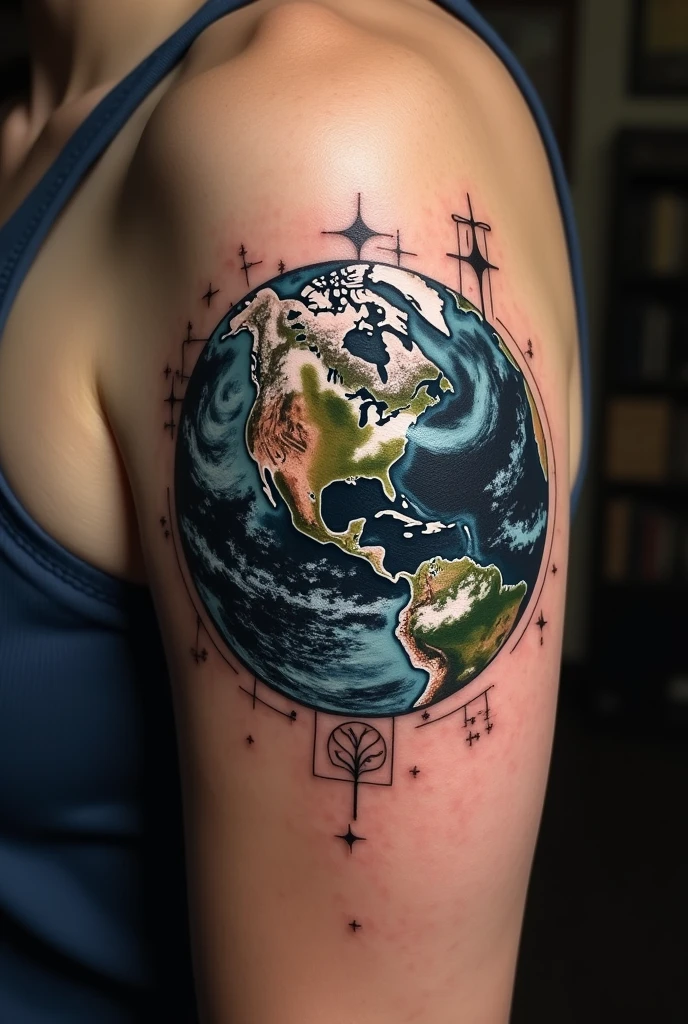 Tattoo with the name Patty Povao and planet Earth on the side