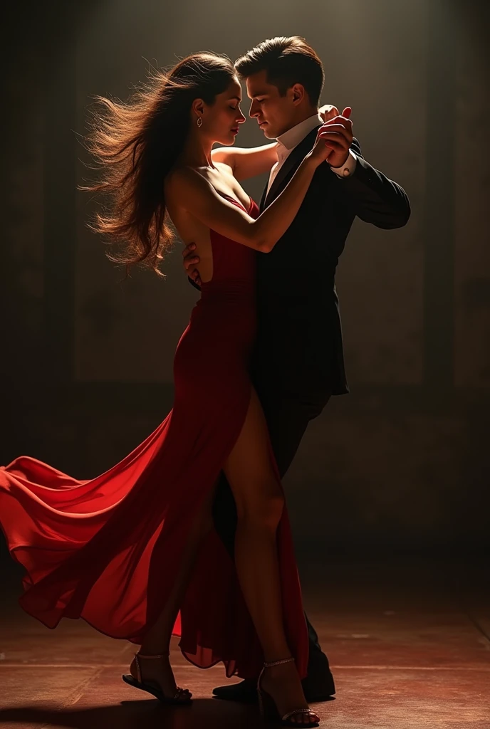 sensual tango dancer, 1 woman, detailed face, long eyelashes, glossy red lips, flowing hair, high slit dress, leg raised, dramatic movement, dramatic lighting, cinematic, chiaroscuro, moody, elegant, ethereal, masterpiece, high quality, 8k, photo-realistic, short dress