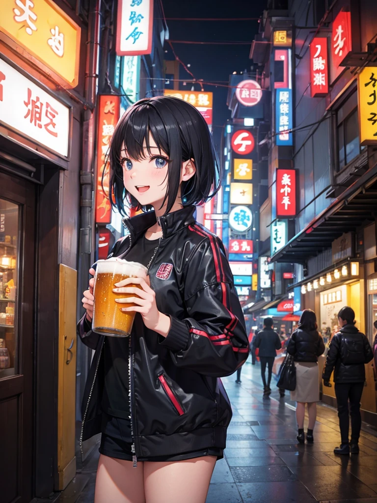 High resolution,Perfect Anatomy,Accurate anatomy,1 person ,Trending Hair,Trending Hair color,トレンドTシャツ
In a futuristic city of Tokyo, inside a cozy and modern izakaya, a joyful girl is holding a frosty mug of draft beer with both hands. She is laughing brightly, her face glowing with happiness. Neon lights from the cityscape and vibrant signs of the izakaya reflect off the glass windows. The girl has short black hair, styled neatly, and is wearing a casual outfit with a slight futuristic twist – like a sleek jacket and glowing accessories. The atmosphere around her is warm, lively, and full of cheer.