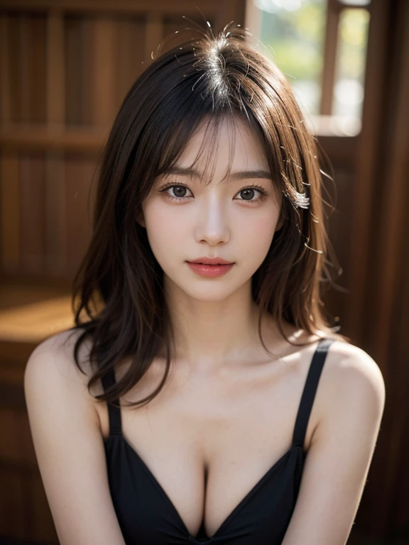 (masterpiece:1.3), (8k, Realistic, RAW Photos, Best image quality: 1.4), 、(Random Hairstyles:1.2)、Highly detailed face、Attention to detail、double eyelid、Sharp focus:1.2、Beautiful woman:1.4、Light brown hair、Highest quality、masterpiece、Ultra-high resolution、(Realistic:1.4)、Highly detailed and professional lighting、Brown Knight、thin、A sparkling smile、Long black hair、Deadly position、Beautiful Skin、Random Pause、Shiny Hair、Natural pose、Swimwear、Exposed cleavage