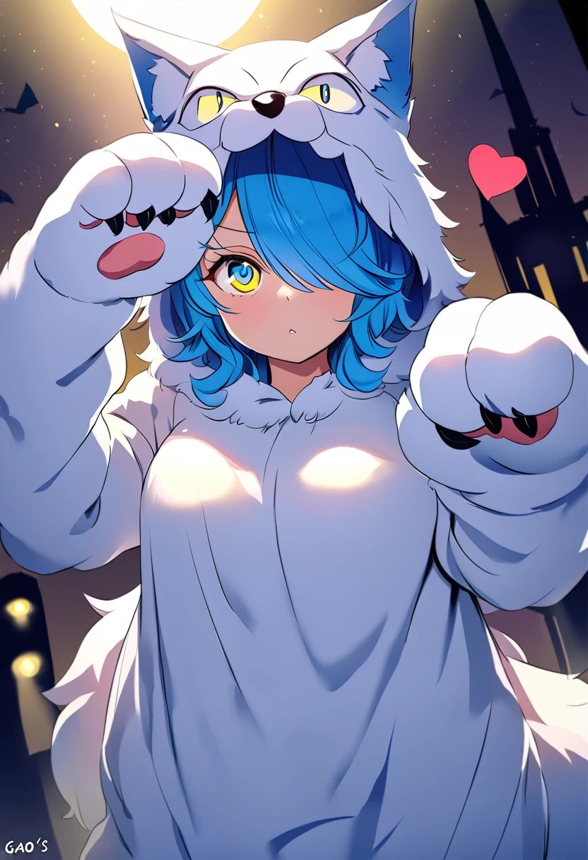 ((worst quality, low-quality)), In anime style, ((Wolf Kemomimi Girl)), Solo, ((Big breasts)), ((Mizuiro Hair Berry Berry Short,Blue inner color)), (((Hair over one eye))), (((Yellow and Blue Odd-Eye:1.5))), plump shiny lips, Beautiful clear eyes, Spoken Heart,(((Fluffy, Big Hand Wolf Costume:1.5))), embarrassed, (dynamicposes:1.4), (((Show me your paws, Gao's Pose:1.5))), (Suspicious light, rays of moonlight:1.4), (Moon and castle background), (Blue Full Moon:1.2), Fantasy Worldwide, high-angle shot, masutepiece,Best Quality,ultra-detailliert, masterpiece,