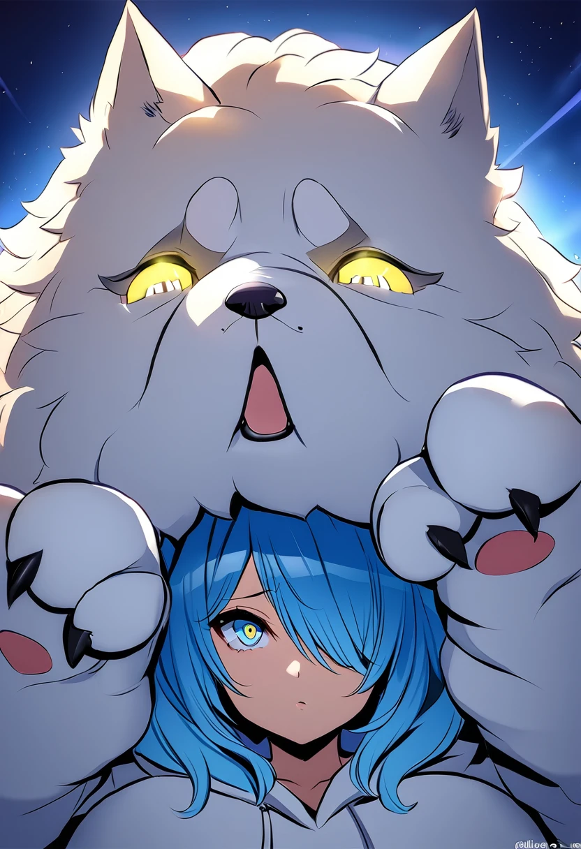 ((worst quality, low-quality)), In anime style, ((Wolf Kemomimi Girl)), Solo, ((Big breasts)), ((Mizuiro Hair Berry Berry Short,Blue inner color)), (((Hair over one eye))), (((Yellow and Blue Odd-Eye:1.5))), plump shiny lips, Beautiful clear eyes, Spoken Heart,(((Fluffy, Big Hand Wolf Costume:1.5))), embarrassed, (dynamicposes:1.4), (((Show me your paws, Gao's Pose:1.5))), (Suspicious light, rays of moonlight:1.4), (Moon and castle background), (Blue Full Moon:1.2), Fantasy Worldwide, high-angle shot, masutepiece,Best Quality,ultra-detailliert, masterpiece,