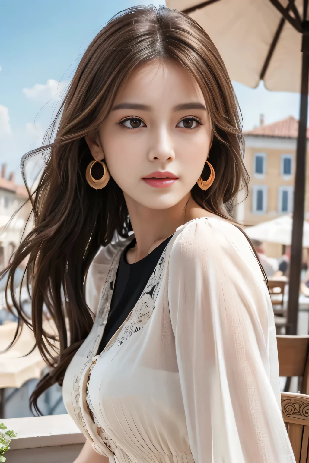 masterpiece, Highest quality, Realistic, Very detailed, Finer details, High resolution, 8k wallpaper, One beautiful woman,Wear a nice blouse, On the terrace of a lovely cafe, at noon, Light brown messy hair, Perfect dynamic composition, Beautiful and beautiful eyes、Big earrings、