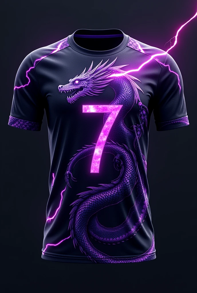 create futsal shirt,that has a design of a mystical dragon and lightning and that has the number 7 on the chest in the print,and that it be black and purple.