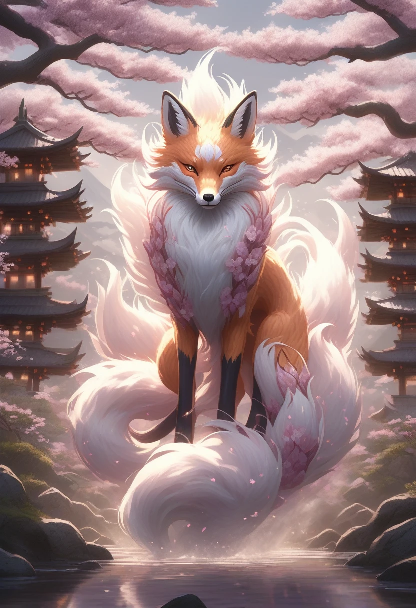 Golden Fox,Set in ancient Japan、Create digital art that captures the mystical and alluring presence of the kitsune。. The kitsune should be depicted in its partially transformed form., Fox form has multiple tails and emits a magical aura.,
A traditional Japanese village and shrine, Surrounded by a path lined with blooming cherry blossoms and lanterns. The sky is a twilight blend of deep purple and pale pink., Moonlight illuminating cherry blossom petals,
Focus on ultra-detailed textures, Fox'A shimmering tail, wait., intricate patterns on kimono, And the glowing orbs of kitsune fire that surround it.. Cherry blossom petals and traditional Japanese architecture、Should be depicted realistically, Dynamic lighting and shadows enhance the overall look of the scene..