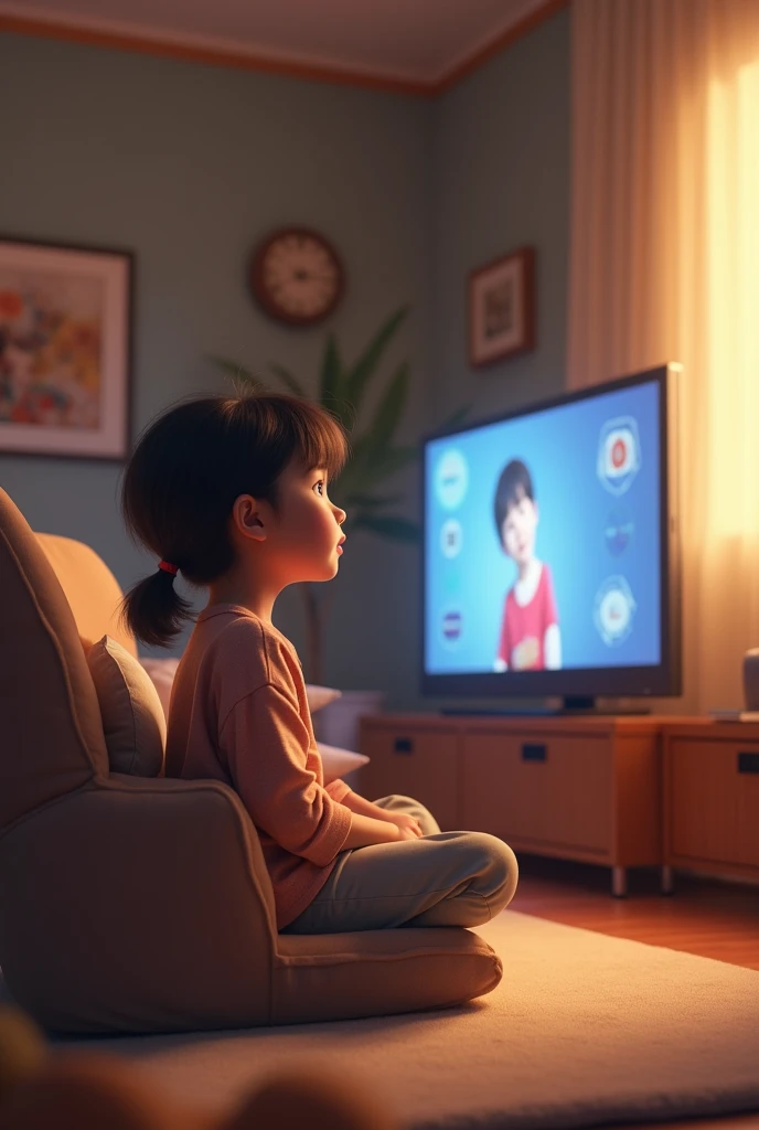 Girl sitting on an armchair watching TV