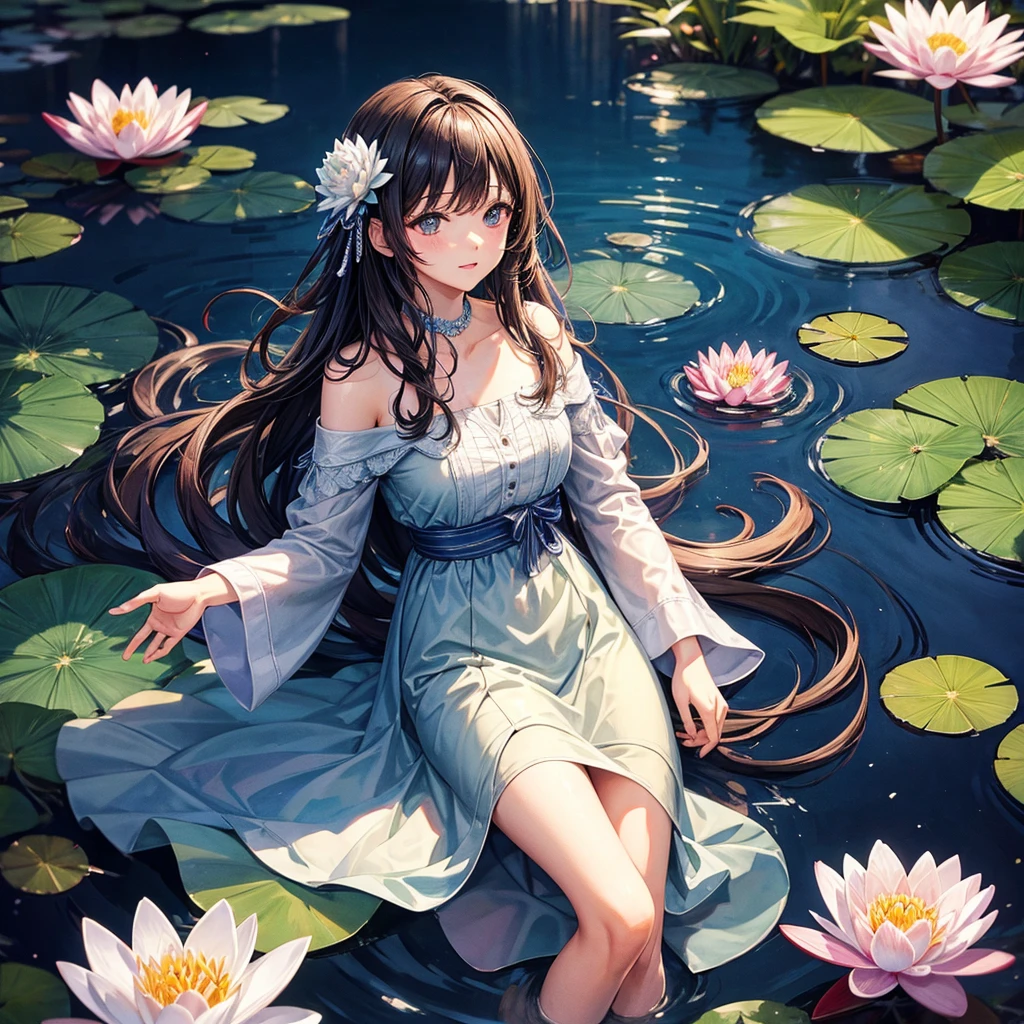 Colored line drawing night tranquil starry sky and lake water, water lily, bridge, highly realistic and detailed painting, crayons, colored pencil