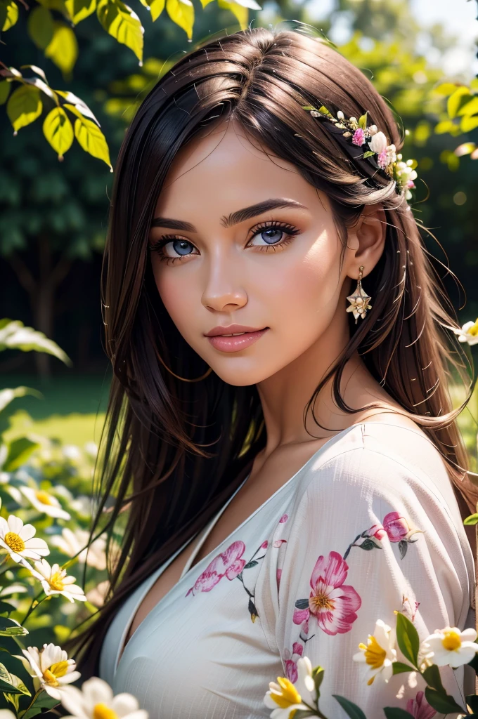 a gorgeous woman, wearing a floral pink and white frock, smiling, garden background, detailed face, black straight long hair, beautiful eyes, detailed lips, long eyelashes, photorealistic, hyper detailed, 8k, high quality, oil painting, lush garden, vibrant colors, natural lighting, soft focus, masterpiece