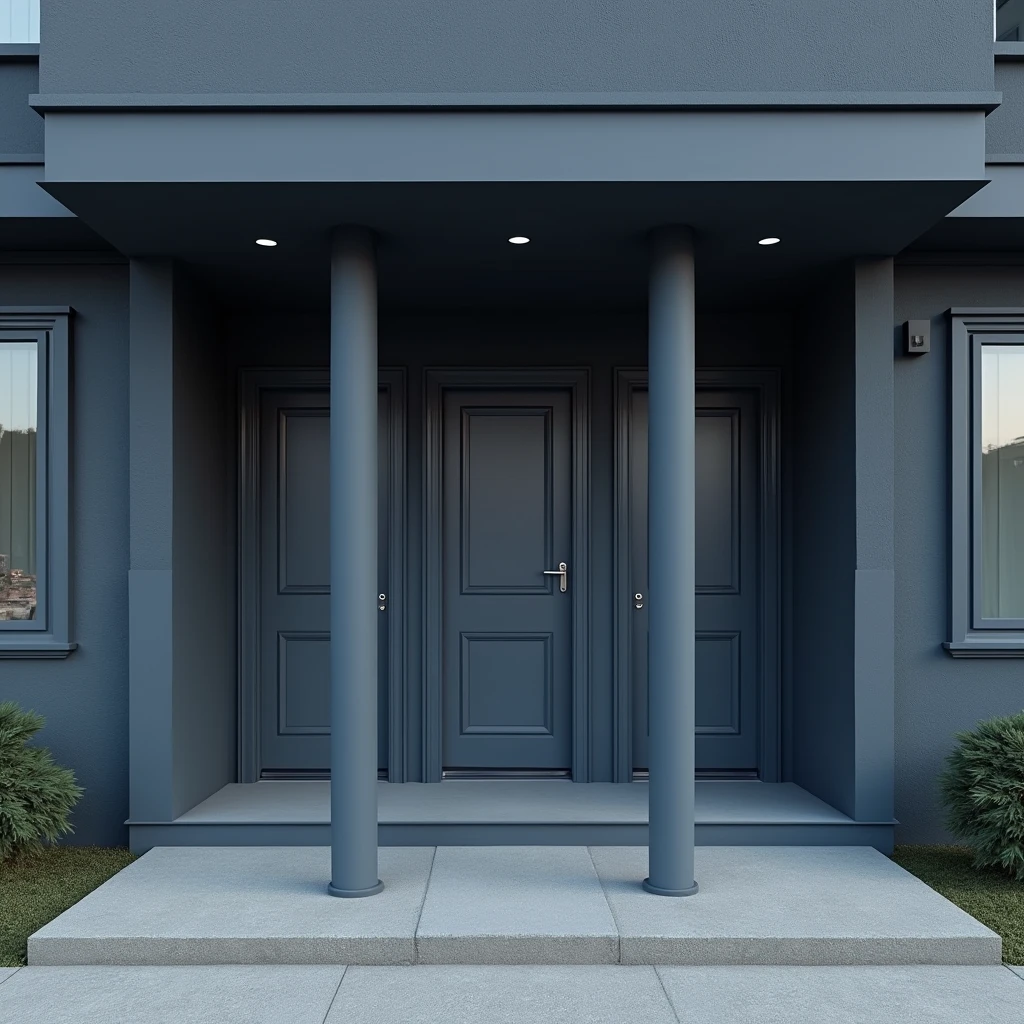 An image with the front of three apartments divided by columns and with a beam. The apartment color is dark gray and only the columns are blue in the front part..