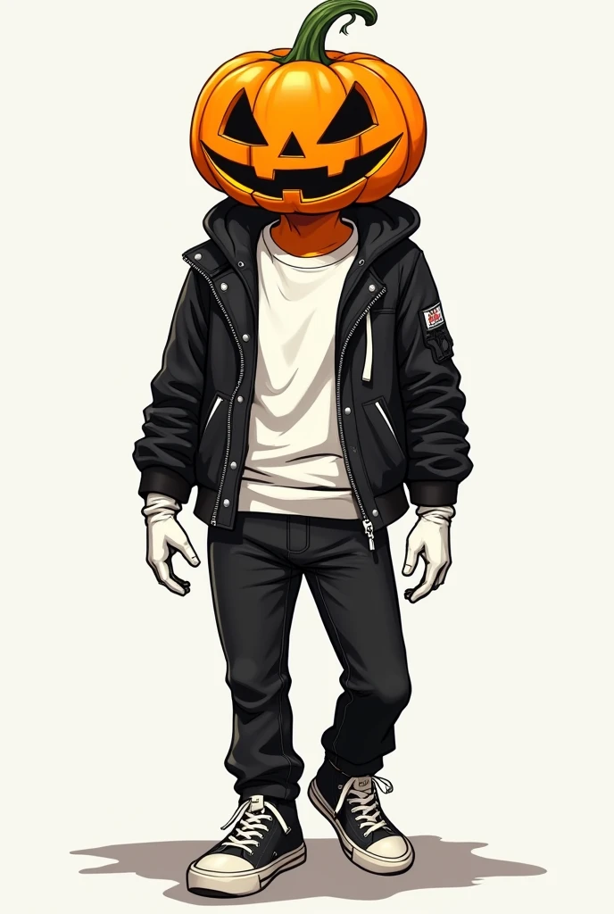Make a humanoid pumpkin wearing a black leather jacket and a white shirt, wearing black pants and sneakers, plus white gloves on his arm. (Don't make her tall) with an anime art style 