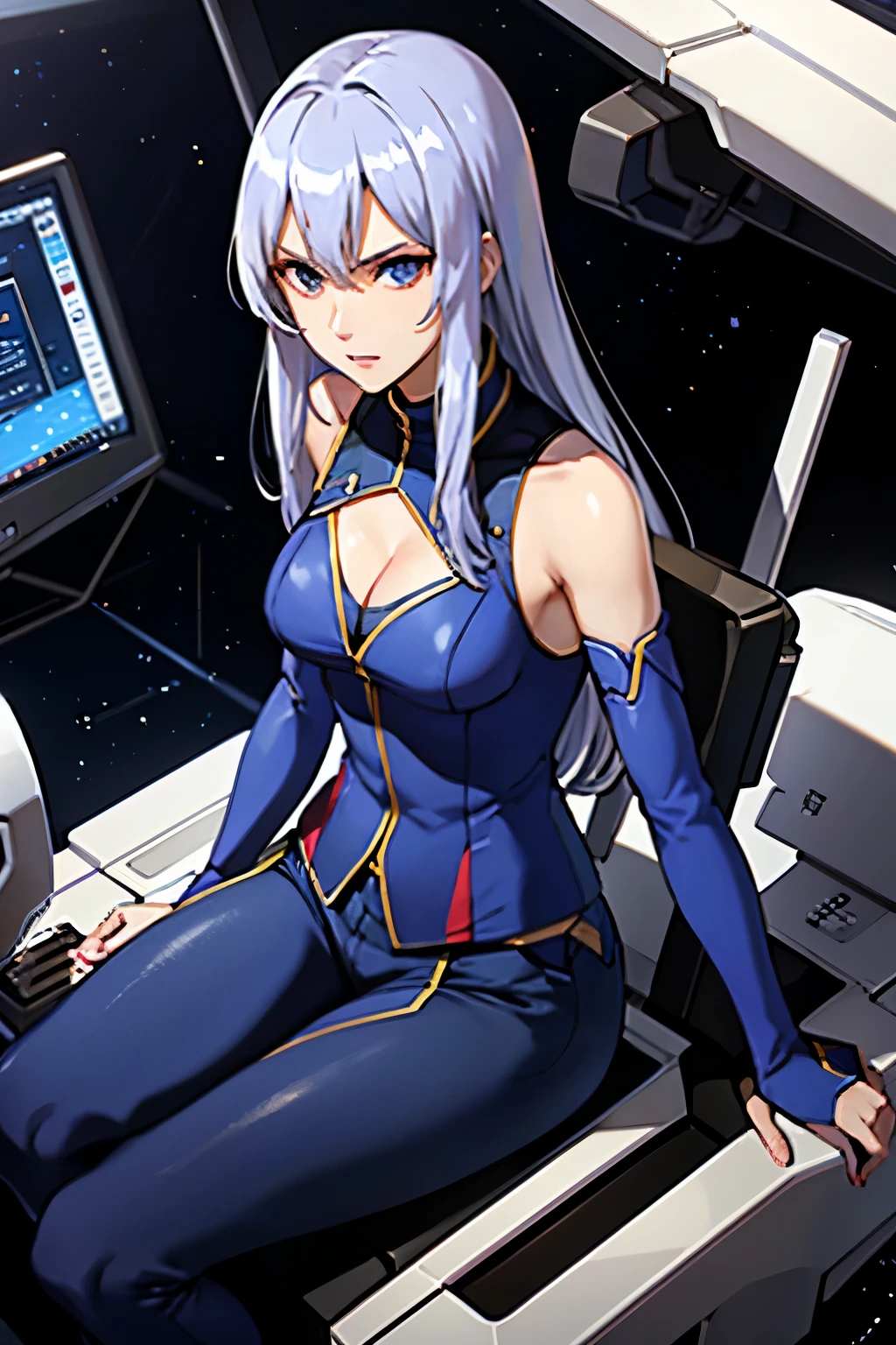 (((Highest quality、first class、masterpiece、Normal body、8k、Detailed face、Ultra-precision、normal hand、Normal refer to、5refer to、Highest)))、Eternal Frail、Silver Hair、Long Hair、slender、Small breasts、Lady、kind、clear、pure、A blue suit that reveals a cleavage、Navy blue shorts、"SDGundamGジェネレーション"、Gundam、Mobile Suit Cockpit、Sit in the cockpit、Has a control stick、Surround monitor、Staring at the monitor、universeを翔る、universe、Fast Combat、High-speed maneuver