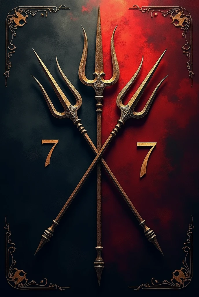 Black background
Two crossed antique tridents in the middle of the image
Not black color
On the right side a number seven
On the left side written ( Tiriri )
Half red
Half black
