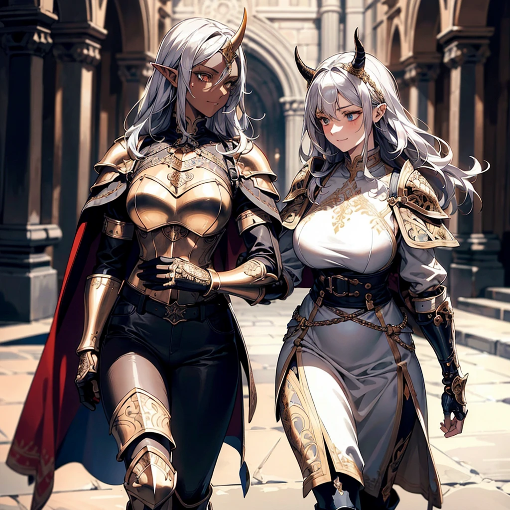 ((best quality)), ((masterpiece)), (detailed), 1 women dark knight armor, 8k_wallpaper, extremely detailed eyes, (large masterpiece digital art), (intricate details:1.3 ), (ultra-detailed:1.3), (sharp focus:1.3), (natural lighting:1.05), (vivid colors:1.3), (best quality:1.4), expressive eyes, full body, detailed face, beautiful face, perfect face, ((hair sandy white curls)), ((gold horns)), (gold eyes), {{dark skin}}, ({dark skinned female}), big breasts, huge chest, mid-range pelvis and big ass, an arrogant cruel look and a predatory smile with a large number of fangs, an open red coat with rolled up sleeves, an open coat with rolled up sleeves, steel heavy knight armor, a wide orange belt lowered lower with large gold yarn, leather pants with steel thigh guards, leather gloves, steel gold bracers and shoulder pads, dark silver chain mail oversleeves, a medieval marching backpack, walking along the path against the backdrop of the elven ruins of the city and colorful blooming flowers,