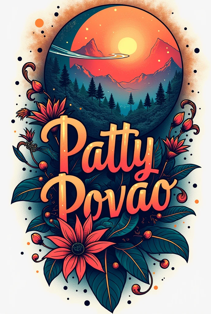 Tattoo with the name Patty Povao and a planet on the side