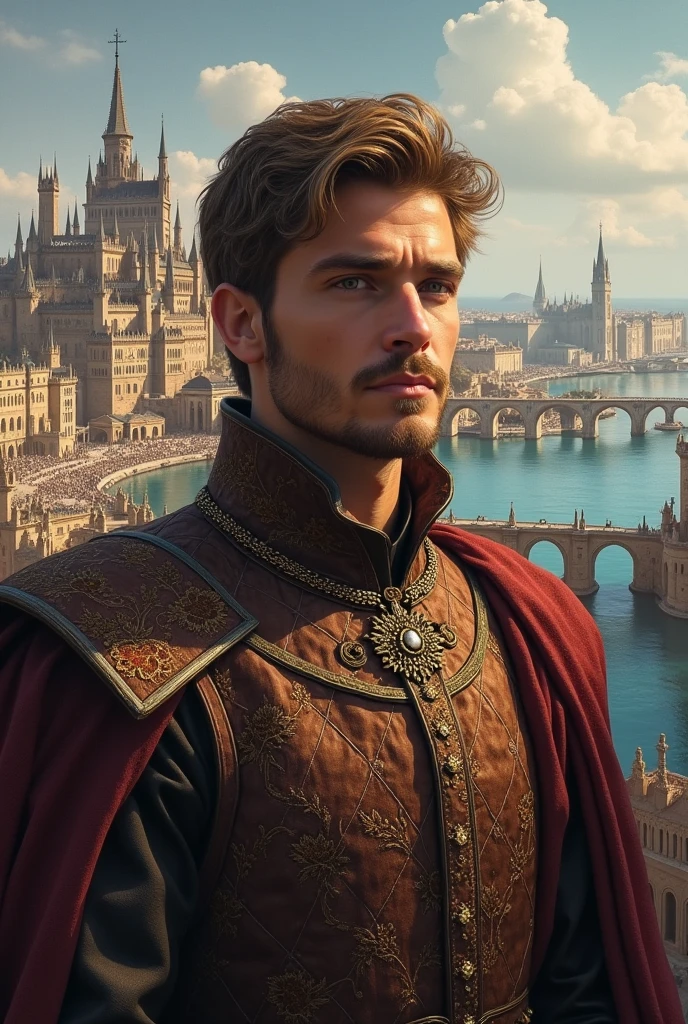 Create a realistic image of a medieval gentleman with light brown hair, short beard, typical clothes of Essos. Ao fundo, place the city of porto real 