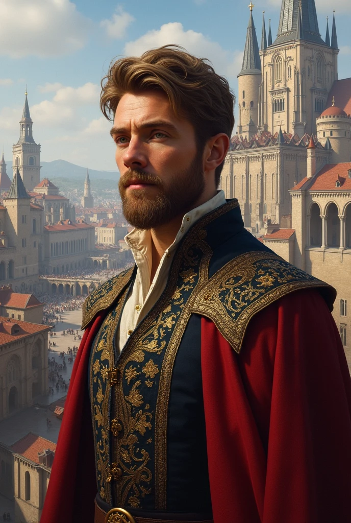 Create a realistic image of a medieval gentleman with light brown hair, short beard, typical clothes of Essos. Ao fundo, place the city of porto real