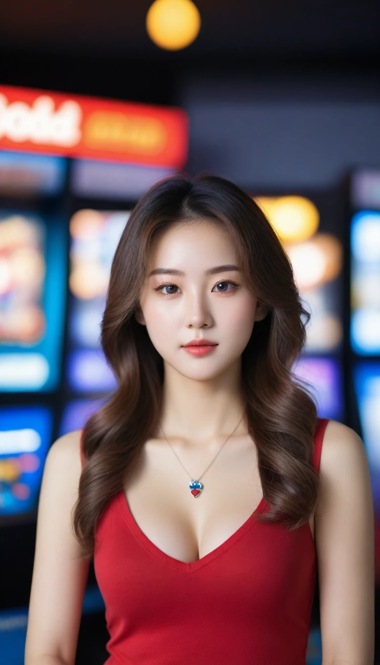 close-up of beautiful korean female, 34 inch breasts size, wavy hair, red ribbon on head, wearing v-neck tank top, necklace, playing game arcade, in Sega center, bokeh background, Polaroid photo, UHD