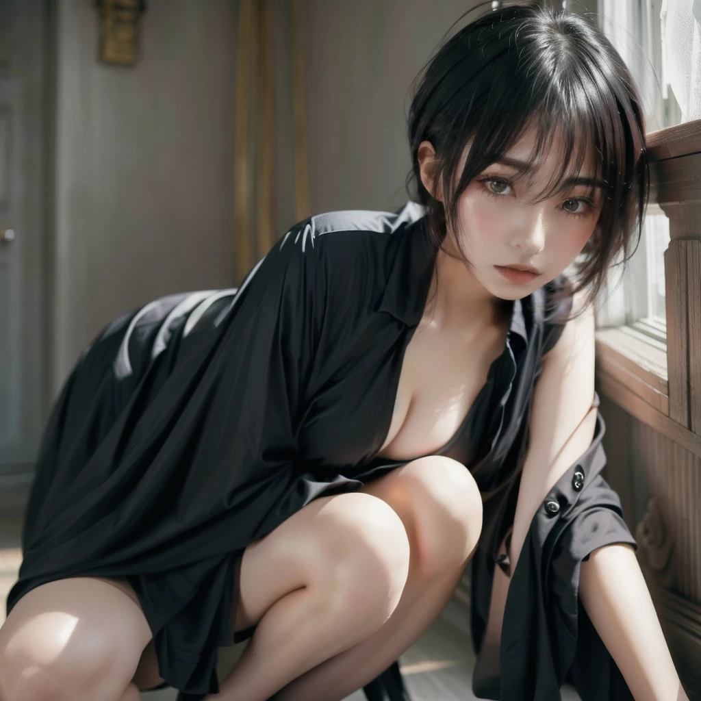 there is a woman sitting on the floor taking a photo, She has black hair with bangs, cruel korean gothic girl, gothic girl aesthetic, gothic aesthetic, 1 gothic girl of 21 years old, seductive and provocative pose, with black hair, the girl is crouching, pale gothic beauty