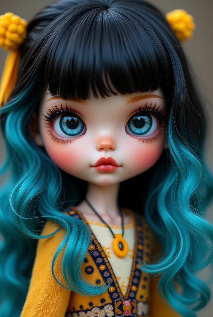 generates a brunette blythe doll with black hair and blue highlights , with fringe , with a yellow hook , big eyelashes and big lips