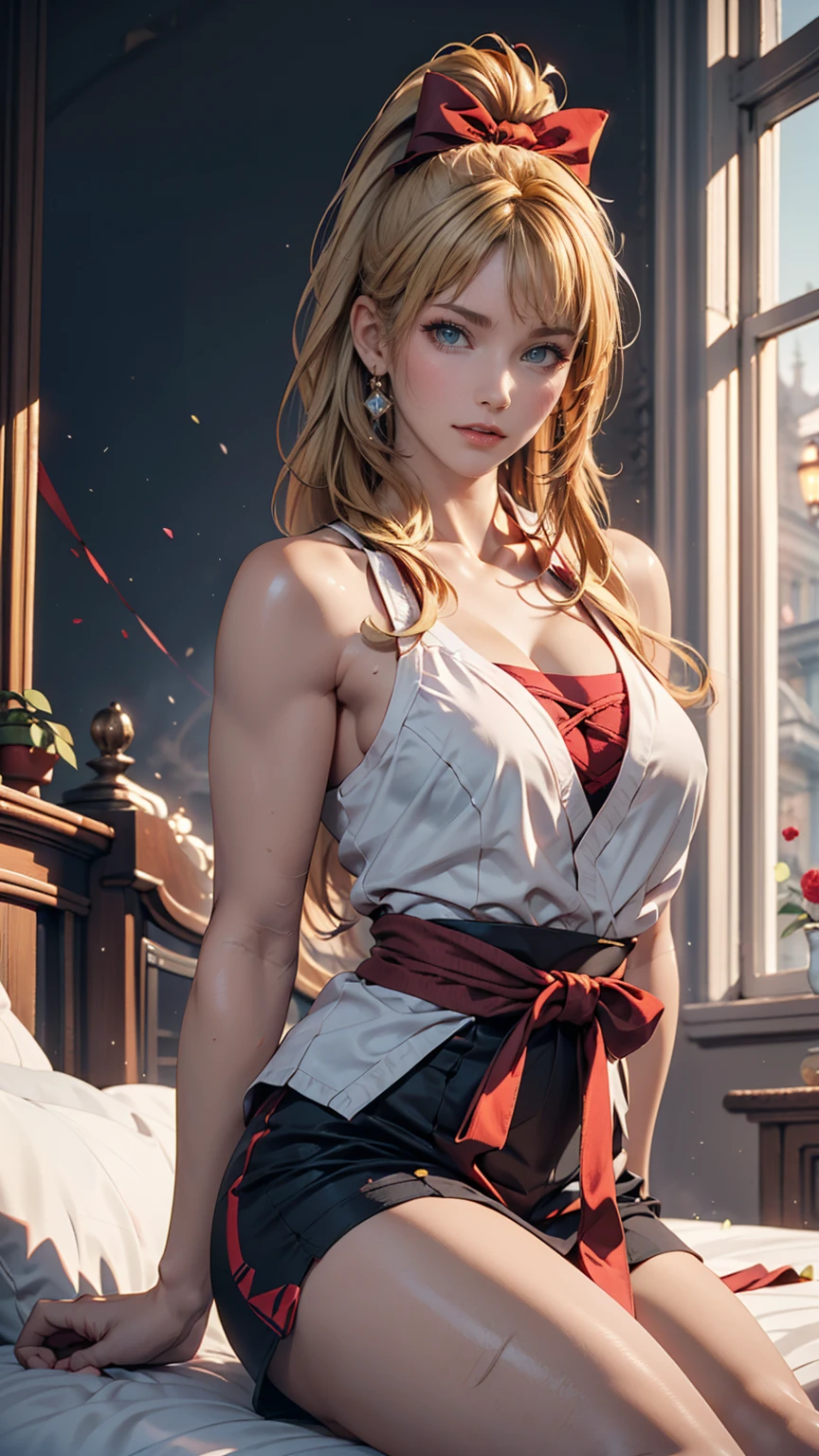 masterpiece, Ultra-high-definition CG, Highest quality, Perfect photo, alone, Lydia Sobieska (Iron fist, Blonde hair in a high ponytail, blue eyes, Red Hair Bow, strong), Wearing a sexy karate uniform, Sit on the bed, Turn to the side, blush, Show your shoulders, In a European mansion