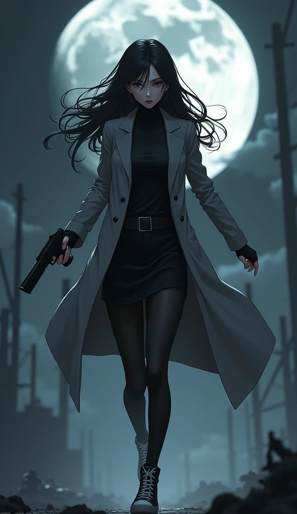 The one young woman, long black hairs, yuri, Vampire Hunters.
The young woman black eyes wear a grey long coat, black shirt, black pencil skirt, black underpants, black tights, black gloves, white sneakers high top.
holding a one pistol handgun, running, black grey sky, fantastic night sky, moon, cartoon anime, 4K, HD