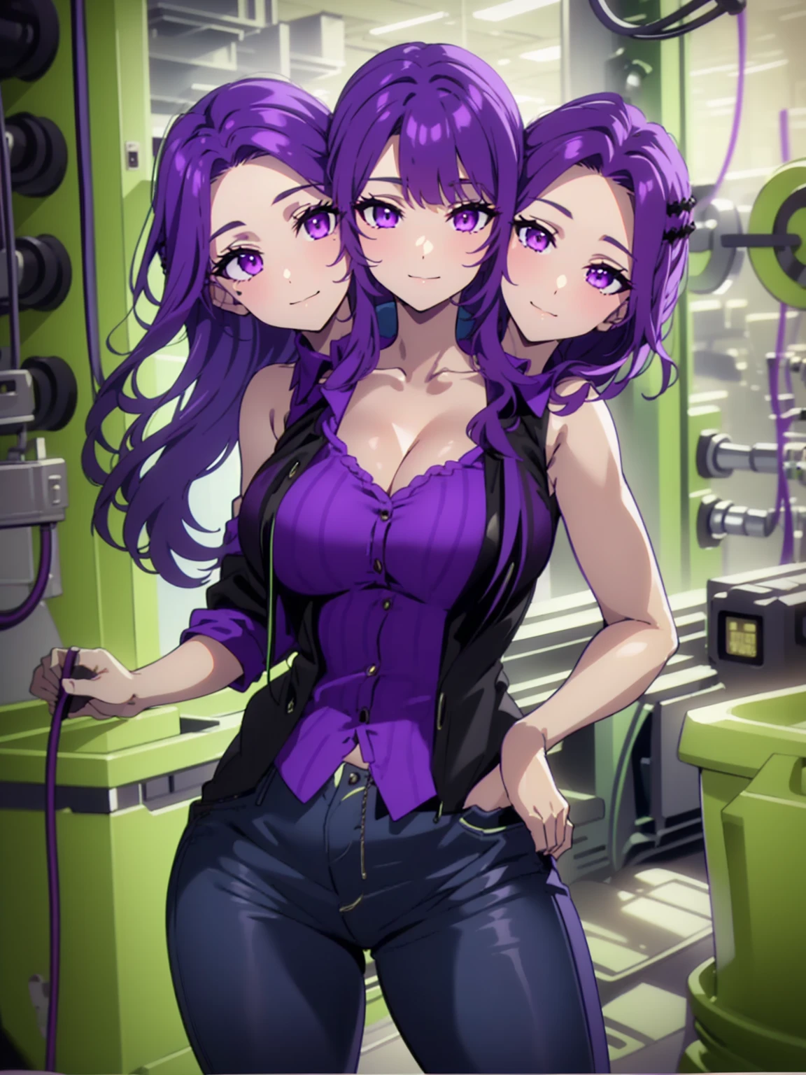 best quality, (masterpiece),(ultra-detailed), (high quality), (high resolution), ((3heads:1.5)), ((purple hair color:1.5)), (violet eyes), cleavage,best quality:1.5, highres, UHD, 4K), smiling, ((black sleeveless jacket over purple shirt:1.5)), ((wearing dark jeans)), (mature woman), casual dress, sexy proportions, thighs, Beautiful girl with accentuated slender abs, (factory background), ((identical hair color))