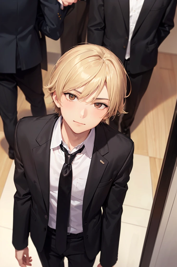 (((masterpiece; best quality: 1.2))), (detailed eyes: 1.3), ((1 young man)), ((solo)), (brown eyes: 1.4), (body shape; lean, masculine, manly: 1.3), (short blond hair: 1.3), (clear background: 1.2), ((depth of field)), (equipment: male school uniform + black jacket + black necktie + white shirt: 1.3), (anime illustration: 1.2), (background composition; japanese highschool classroom + furniture: 1.1), (handsome: 1.1), (shot composition; standing + centered on face + close-up: 1.5), (facial expression; calm + smirk: 1.2)