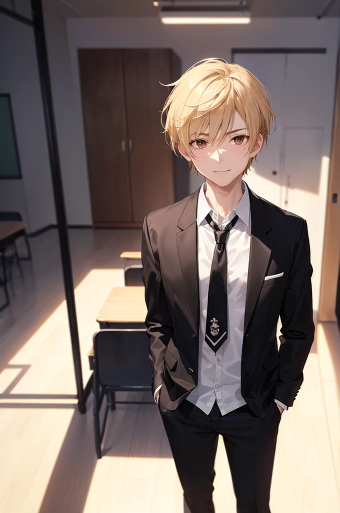 (((masterpiece; best quality: 1.2))), (detailed eyes: 1.3), ((ung man)), ((solo)), (brown eyes: 1.4), (body shape; lean, masculine, manly: 1.3), (short blond hair: 1.3), (clear background: 1.2), ((depth of field)), (equipment: male school uniform + black jacket + black necktie + white shirt: 1.3), (anime illustration: 1.2), (background composition; japanese highschool classroom + furniture: 1.1), (handsome: 1.1), (shot composition; standing + centered on face + close-up: 1.5), (facial expression; calm + smirk: 1.2)