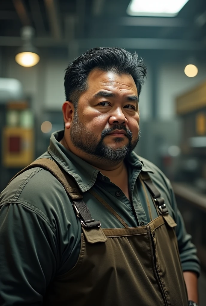 A wild plump east japanese uncle man, (55 years old daddy:1.1), 1boy, Solo, handsome, nerdy, stubbles, Short beard, small eyes, detailed eyes:1.1, big round face shape, (Detailed face:1.3), short hair, (Best quality, A high resolution, Photorealistic), Masterpiece, in the factory, RAW photo, Intricate details, hdr, depth of field, full body shot, macho, hunk, sweat buckets, manliness,