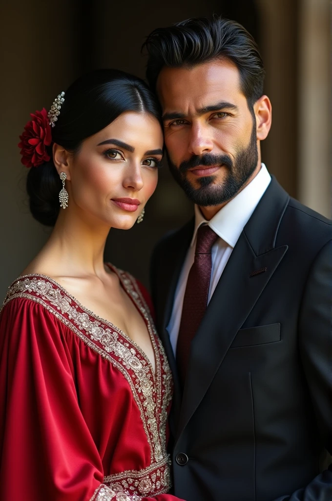 Married couple, black haired wife, white skin and elegant provincial dress, black haired husband, black beard and suit of high-status people from provincial Peru aged 50 