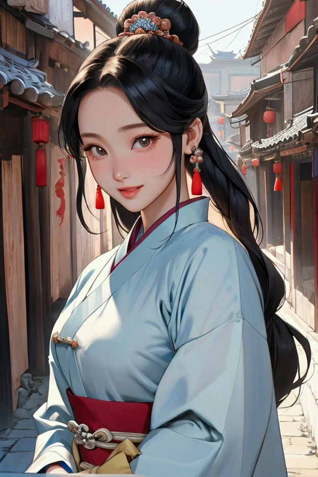 ( High resolution、 Super detailed)、masterpiece、Highest quality、High resolution、8k、Realistic Face、Realistic skin texture、 Amazing clarity、Detailed Anime、15-year-old female、Beautiful Face、Beautiful Face、Pretty lips、Balanced style、Hair styled in a bright-colored round bun、Smiling eyes、Hanfu、Mischievous girl、Walking、Buildings from the Tang Dynasty、Old city streets of China、Cowboy Shot、Detailed Animeアート、Detailed CG、