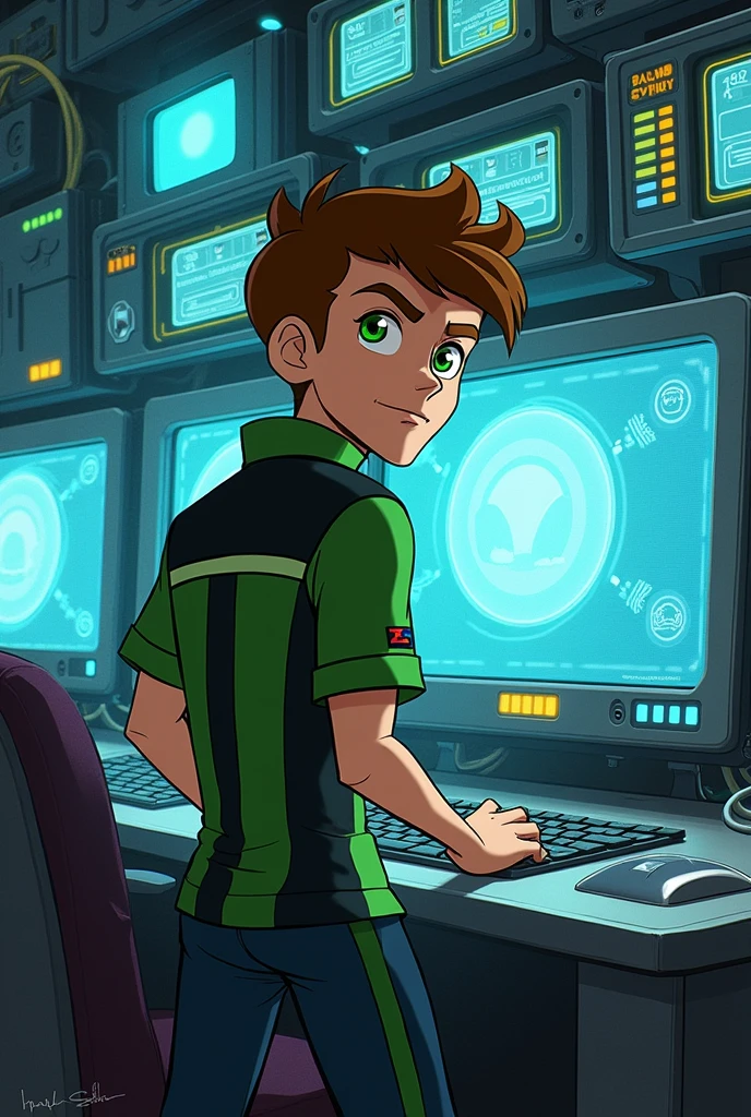 Ben 10 looking back while messing with the computer