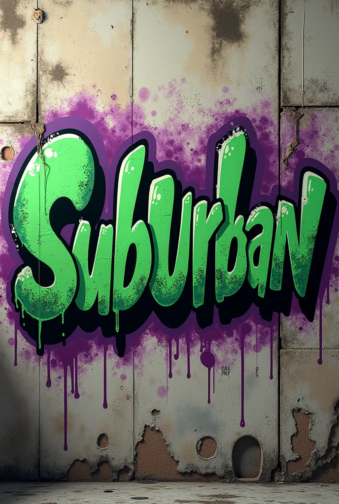 I want you to generate an urban graffiti style design with the word SubUrban, the style of the design should resemble the Grove street Tag from GTA San Andreas, using green, black colors and some dark shades of purple